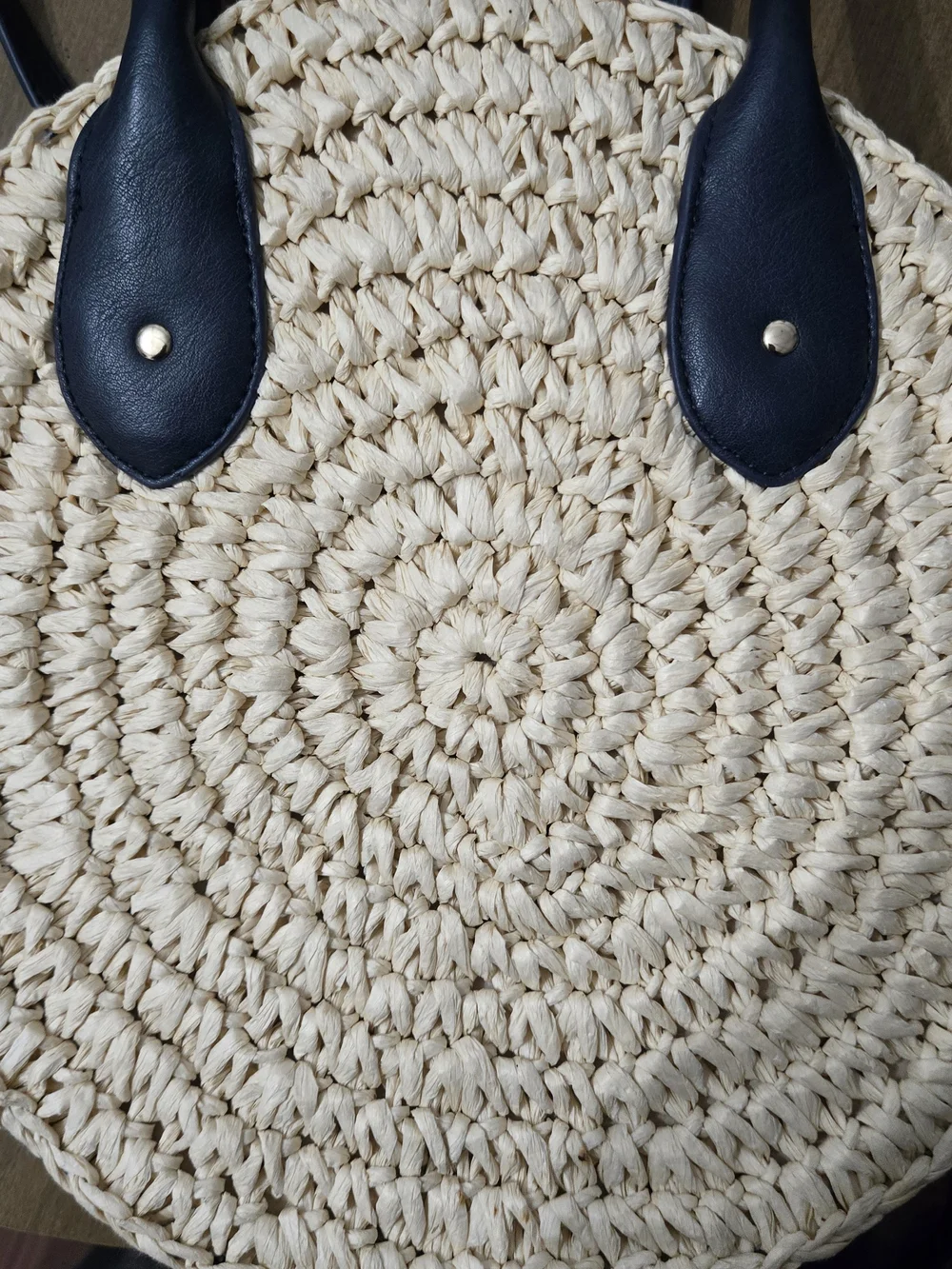 Talbots Round Straw Crossbody with Navy Trim and Handles